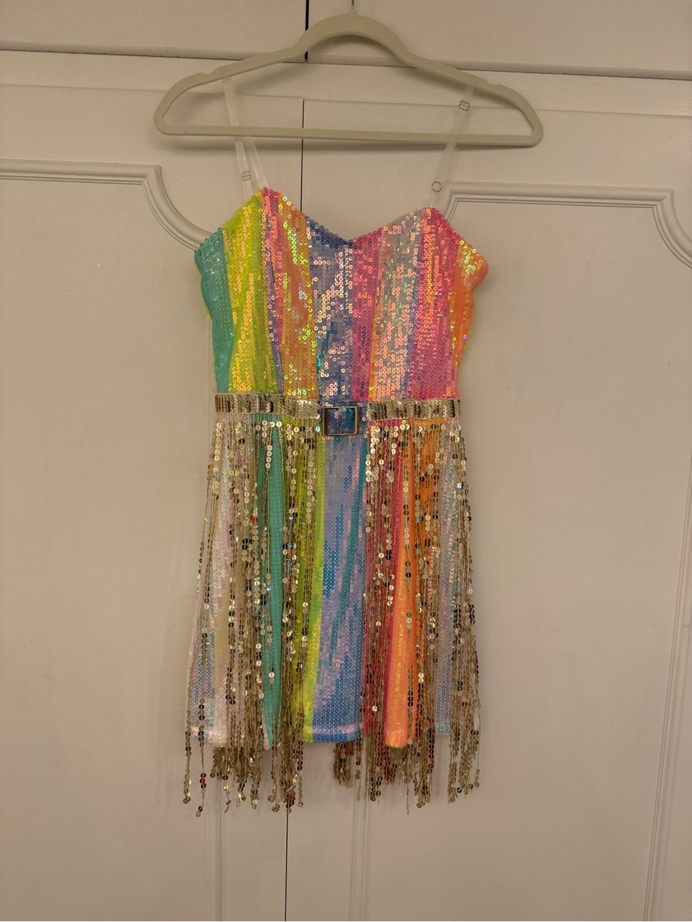Girls' Rainbow Sequin Costume Dress with Gold Fringe